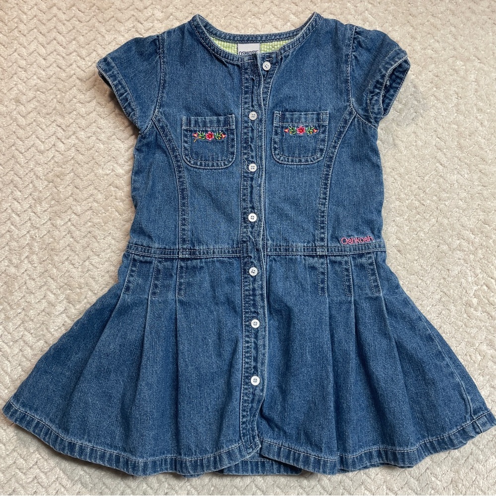 Vintage‎ Y2K OshKosh Toddler Denim Floral Embroidered Pleated Dress Size 3T - Picture 2 of 11